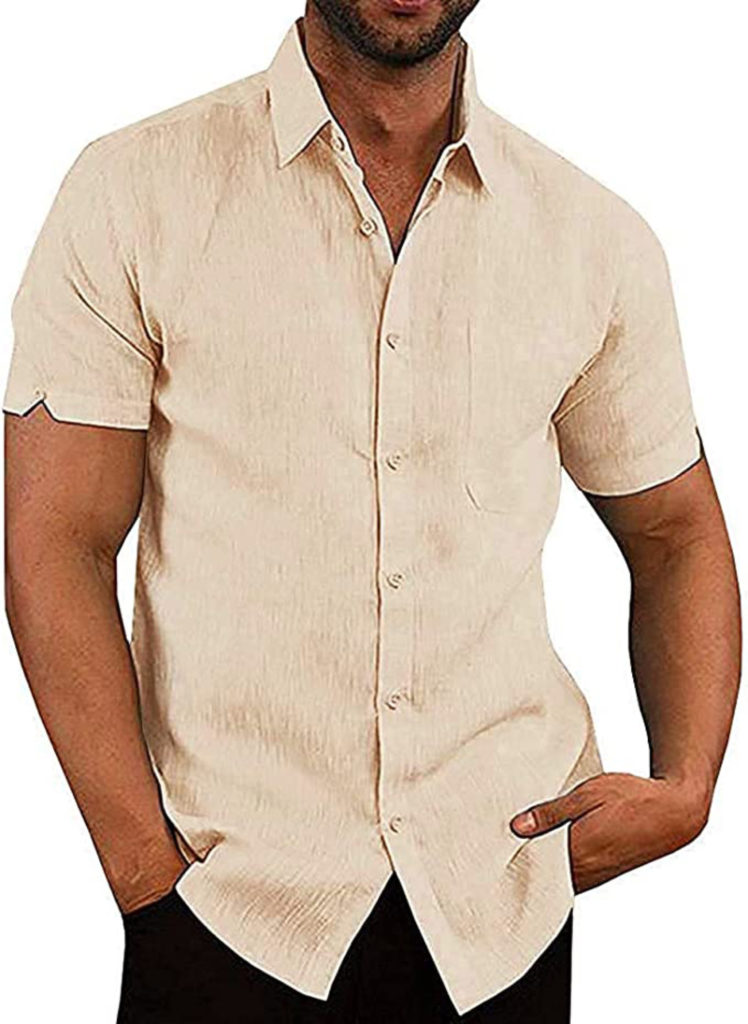 tan linen button down short sleeved shirt for newborn photo session